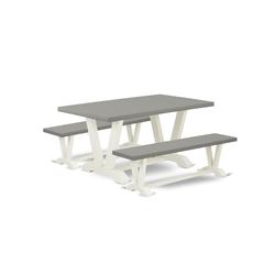 East West Furniture V2-096 3 Piece Small Dining Table Set for 4 - 1 Cement Dinning Table and 2 Kitchen Bench - Stable and Sturdy Constructed - Linen White Finish