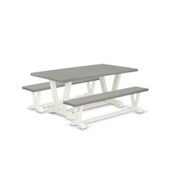 East West Furniture V2-097 3 Piece Kitchen Dining Table Set - 1 Cement Wood Table and 2 Wood Bench - Stable and Durable Construction - Linen White Finish