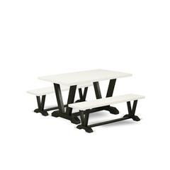 East West Furniture V2-626 3 Piece Dining Room Set - 1 Linen White Wood Dining Table and 2 Wood Benches - Stable and Durable Construction - Wire Brushed Black Finish