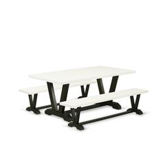 East West Furniture V2-627 3 Piece Small Dining Table Set for 4 - 1 Linen White Dinning Table and 2 Dining Table Bench - Wire Brushed Black Finish