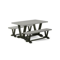 East West Furniture V2-696 3 Piece Kitchen Set - 1 Cement Dining Table and 2 Kitchen Table Bench - Reliable and Sturdy Construction - Wire Brushed Black Finish