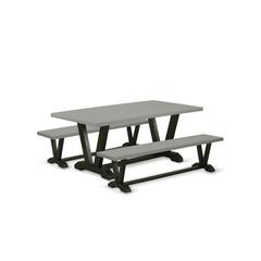East West Furniture V2-697 3 Piece Dining Table Set - 1 Cement Dining Room Table and 2 Small Benches - Stable and Sturdy Constructed - Wire Brushed Black Finish
