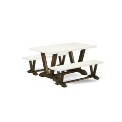 East West Furniture V2-726 3 Piece Dining Room Table Set - 1 Linen White Dining Table and 2 Wood Benches - Reliable and Sturdy Construction - Distressed Jacobean Finish