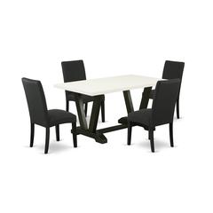 East West Furniture V626DR124-5 5-Pc Dining Table Set- 4 Upholstered Dining Chairs with Black Linen Fabric Seat and Stylish Chair Back - Rectangular Table Top & Wooden Legs - Linen White and Black Fin