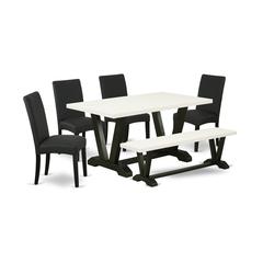 East West Furniture V626DR124-6 6-Pc Kitchen and Dining Room Set- 4 Dining Room Chairs with Black Linen Fabric Seat and Stylish Chair Back - Rectangular Top & Wooden Legs Dining Room table and dining