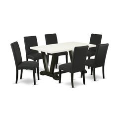 East West Furniture V626DR124-7 7-Pc Dining Table Set- 6 Parson Dining Chairs with Black Linen Fabric Seat and Stylish Chair Back - Rectangular Table Top & Wooden Legs - Linen White and Black Finish