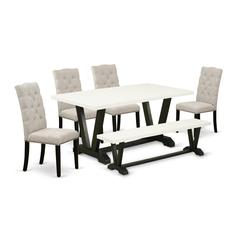 East West Furniture 6-Pc Dinette Set-Doeskin Linen Fabric Seat and Button Tufted Chair Back kitchen parson chairs, A Rectangular Bench and Rectangular Top Dinette Table with Wooden Legs - Linen White