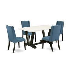 East West Furniture V626FL121-5 5-Piece Stylish Dinette Set an Excellent Linen White dining table Top and 4 Excellent Linen Fabric Dining Chairs with Nail Heads and Stylish Chair Back, Wire Brushed Bl
