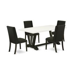 East West Furniture 5-Piece Included 4 Kitchen Dining chairs Upholstered Nails Head Seat and Stylish Chair Back and rectangular dining Dining Table with Linen White Rectangular Dining Table Top - Blac