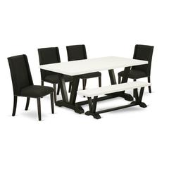 East West Furniture 6-Piece Mid Century Dining Table Set-Black Linen Fabric Seat and High Stylish Chair Back Parson Dining chairs, A Rectangular Bench and Rectangular Top Kitchen Table with Solid Wood