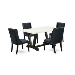East West Furniture V626FO624-5 5 Piece Dining Table Set Includes 4 Black Linen Fabric Dining Chairs with Button Tufted and Linen White Rectangular Dining Table - Wire Brush Black Finish