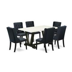 East West Furniture V626FO624-7 7 Piece Dining Room Table Set - 6 Black Linen Fabric Kitchen Chair Button Tufted with Nail heads and Linen White Dining Table - Wire Brush Black Finish