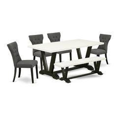 East West Furniture 6-Pc -Dark Gotham Grey Linen Fabric Seat and Button Tufted Chair Back Kitchen chairs, A Rectangular Bench and Rectangular Top Modern Dining Table with Wooden Legs - Linen White and