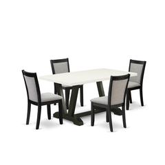 V626MZ606-5 5 Piece Table Set - Linen White Kitchen Table with 4 Shitake Linen Fabric Parson Chairs - Wire Brushed Black Finish