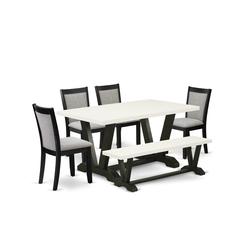V626MZ606-6 6 Pc Dinette Set - Linen White Dining Table with a Small Wood Bench and 4 Shitake Chairs - Wire Brushed Black Finish