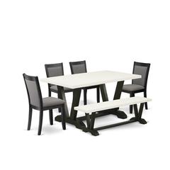 V626MZ650-6 6 Pc Dinette Set - Linen White Table with Dining Room Bench and 4 Dark Gotham Grey Chairs - Wire Brushed Black Finish
