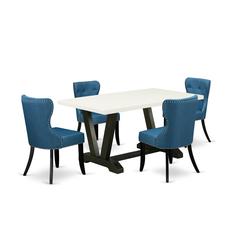 East West Furniture V626SI121-5 5-Piece Modern Dining Set- 4 Parson Chairs with Blue Linen Fabric Seat and Button Tufted Chair Back - Rectangular Table Top & Wooden Legs - Linen White and Black Finish