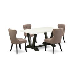 East West Furniture 5-Piece Dining Table Set - Coffee Linen Fabric Seat and Button Tufted Back Dining Chairs and Rectangular Top Modern Dining Table with Wooden Legs - Linen White and Wirebrushed Blac