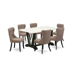 East West Furniture 7-Pc Mid Century Dining Table Set-Coffee Linen Fabric Seat and Button Tufted Back Kitchen Chairs and Rectangular Top Dining Room Table with Solid Wood Legs - Linen White and Wirebr