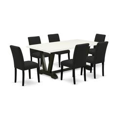 East West Furniture 7-Pc dining room table set Includes 6 Dining Room Chairs with Upholstered Seat and High Back and a Rectangular Wooden Dining Table - Black Finish