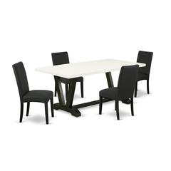 East West Furniture V627DR124-5 5-Piece Dining Room Set- 4 Parson Dining Room Chairs with Black Linen Fabric Seat and Stylish Chair Back - Rectangular Table Top & Wooden Legs - Linen White and Black F