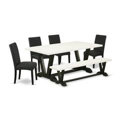 East West Furniture V627DR124-6 6-Pc Kitchen Dining Room Set- 4 Dining Chairs with Black Linen Fabric Seat and Stylish Chair Back - Rectangular Top & Wooden Legs Dining Table and Dining Room Bench - L
