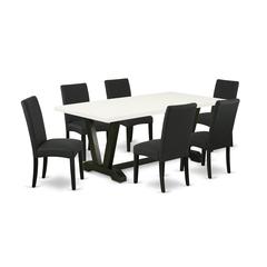 East West Furniture V627DR124-7 7-Pc Modern Dining Set- 6 padded parson chairs with Black Linen Fabric Seat and Stylish Chair Back - Rectangular Table Top & Wooden Legs - Linen White and Black Finish
