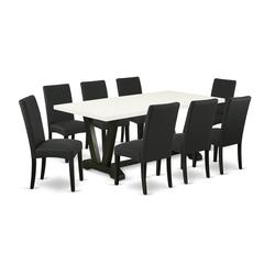 East West Furniture V627DR124-9 9-Piece Dinette Room Set- 8 Dining Room Chairs with Black Linen Fabric Seat and Stylish Chair Back - Rectangular Table Top & Wooden Legs - Linen White and Black Finish