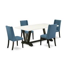 East West Furniture V627FL121-5 5-Piece Fashionable Rectangular Table Set a Great Linen White Kitchen Table Top and 4 Lovely Linen Fabric Padded Parson Chairs with Nail Heads and Stylish Chair Back, W