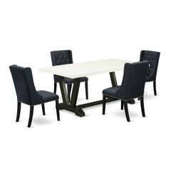 East West Furniture V627FO624-5 5 Pc Dining Set Consists of 4 Black Linen Fabric Parson Chairs Button Tufted with Nail heads and Modern Dining Table - Wire Brush Black Finish