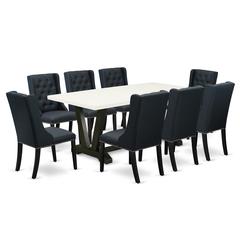 East West Furniture V627FO624-9 9 Piece Dining Set - 8 Black Linen Fabric Padded Chair Button Tufted with Nail heads and Linen White Kitchen Table - Wire Brush Black Finish