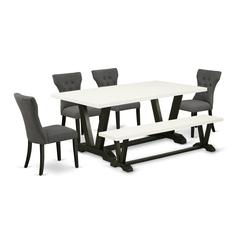 East West Furniture 6-Piece Dinette Table Set-Dark Gotham Grey Linen Fabric Seat and Button Tufted Chair Back Parson chairs, A Rectangular Bench and Rectangular Top Modern Dining Table with Wooden Leg
