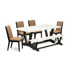 East West Furniture V627LA147-6 6-Piece Gorgeous Modern Dining Table Set an Outstanding Linen White Wood Dining Table Top and Linen White Bench and 4 Awesome Linen Fabric Padded Chairs with Stylish Ch