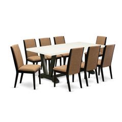 East West Furniture V627LA147-9 9-Piece Amazing Dinette Set a Superb Linen White Wood Dining Table Top and 8 Wonderful Linen Fabric Dining Chairs with Stylish Chair Back, Wire Brushed Black Finish