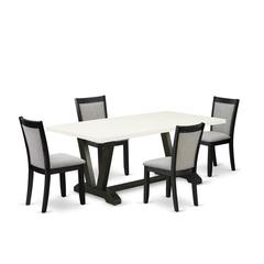 V627MZ606-5 5 Pc Dining Table Set - Linen White Dining Table with 4 Shitake Linen Fabric Parson Chairs - Wire Brushed Black Finish