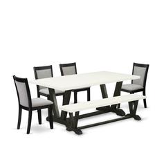 V627MZ606-6 6 Pc Kitchen Table Set - Linen White Table with Bench and 4 Shitake Dining Chairs - Wire Brushed Black Finish