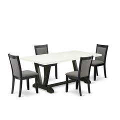 V627MZ650-5 5 Pc Table Set - Linen White Dining Table with 4 Dark Gotham Grey Linen Fabric Chairs - Wire Brushed Black Finish