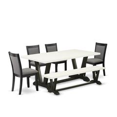 V627MZ650-6 6 Pc Table Set - Linen White Dining Table with Rustic Bench and 4 Dark Gotham Grey Chairs - Wire Brushed Black Finish