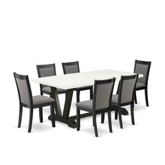 V627MZ650-7 7 Piece Kitchen Table Set - Linen White Dinner Table with 6 Dark Gotham Grey Dining Chairs - Wire Brushed Black Finish