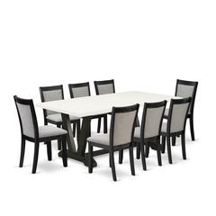 V627MZ650-9 9 Pc Table Set - Linen White Dinner Table with 8 Dark Gotham Grey Dinning Chairs - Wire Brushed Black Finish