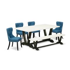 East West Furniture V627SI121-6 6-Pc Dining Room Table Set- 4 Parson Dining Room Chairs with Blue Linen Fabric Seat and Button Tufted Chair Back - Rectangular Top & Wooden Legs Wood Kitchen Table and