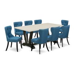 East West Furniture 9-Piece Dinette Room Set- 8 Parson dining room chairs with Blue Linen Fabric Seat and Button Tufted Chair Back - Rectangular Table top & Wooden Legs - Linen White and Black Finish