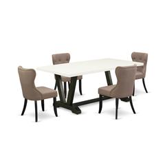 East West Furniture 5-Pc Table Dining Set-Coffee Linen Fabric Seat and Button Tufted Back Dining Chairs and Rectangular Top Living Room Table with Hardwood Legs - Linen White and Wirebrushed Black Fin