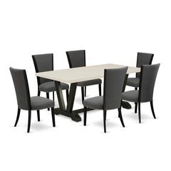 East West Furniture 7 Piece Modern Dining Set Consists of a Linen White Dinning Table and 6 Dark Gotham Grey Linen Fabric Parson Chairs with High Back - Wire Brushed Black Finish