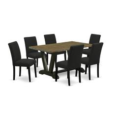 East West Furniture 7-Piece Table and Chairs Dining Set Includes 6 Mid Century Dining Chairs with Upholstered Seat and High Back and a Rectangular Wood Dining Table - Black Finish