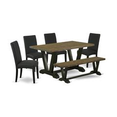 East West Furniture V676DR124-6 6-Piece Dining Table Set- 4 Mid Century Dining Chairs with Black Linen Fabric Seat and Stylish Chair Back - Rectangular Top & Wooden Legs Kitchen Table and Dining Room