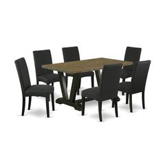 East West Furniture V676DR124-7 7-Piece Kitchen Dining Set- 6 Upholstered Dining Chairs with Black Linen Fabric Seat and Stylish Chair Back - Rectangular Table Top & Wooden Legs - Distressed Jacobean