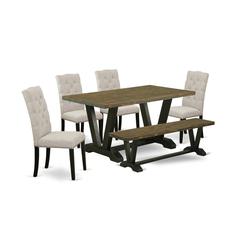 East West Furniture 6-Pc Dining -Doeskin Linen Fabric Seat and Button Tufted Chair Back Parson chairs, A Rectangular Bench and Rectangular Top Modern Dining Table with Solid Wood Legs - Distressed Jac