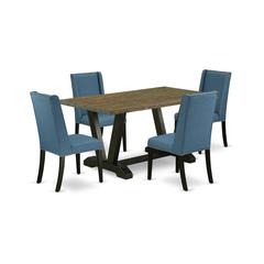 East West Furniture V676FL121-5 5-Piece Amazing Dining Set a Great Distressed Jacobean Dining Table Top and 4 Gorgeous Linen Fabric Dining Chairs with Nail Heads and Stylish Chair Back, Wire Brushed B