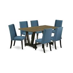 East West Furniture V676FL121-7 7-Piece Stylish Dining Room Set a Great Distressed Jacobean Wood Dining Table Top and 6 Attractive Linen Fabric Parson Chairs with Nail Heads and Stylish Chair Back, Wi